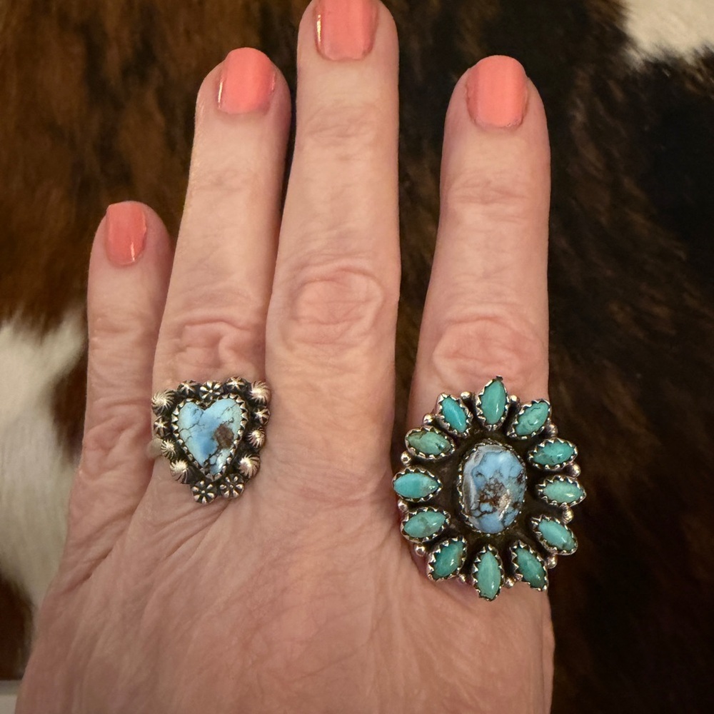 ❤️ Golden Hills Turquoise Decorative Heart Sz 9 Ring Matte Sterling Navajo Style - Picture 3 of 15